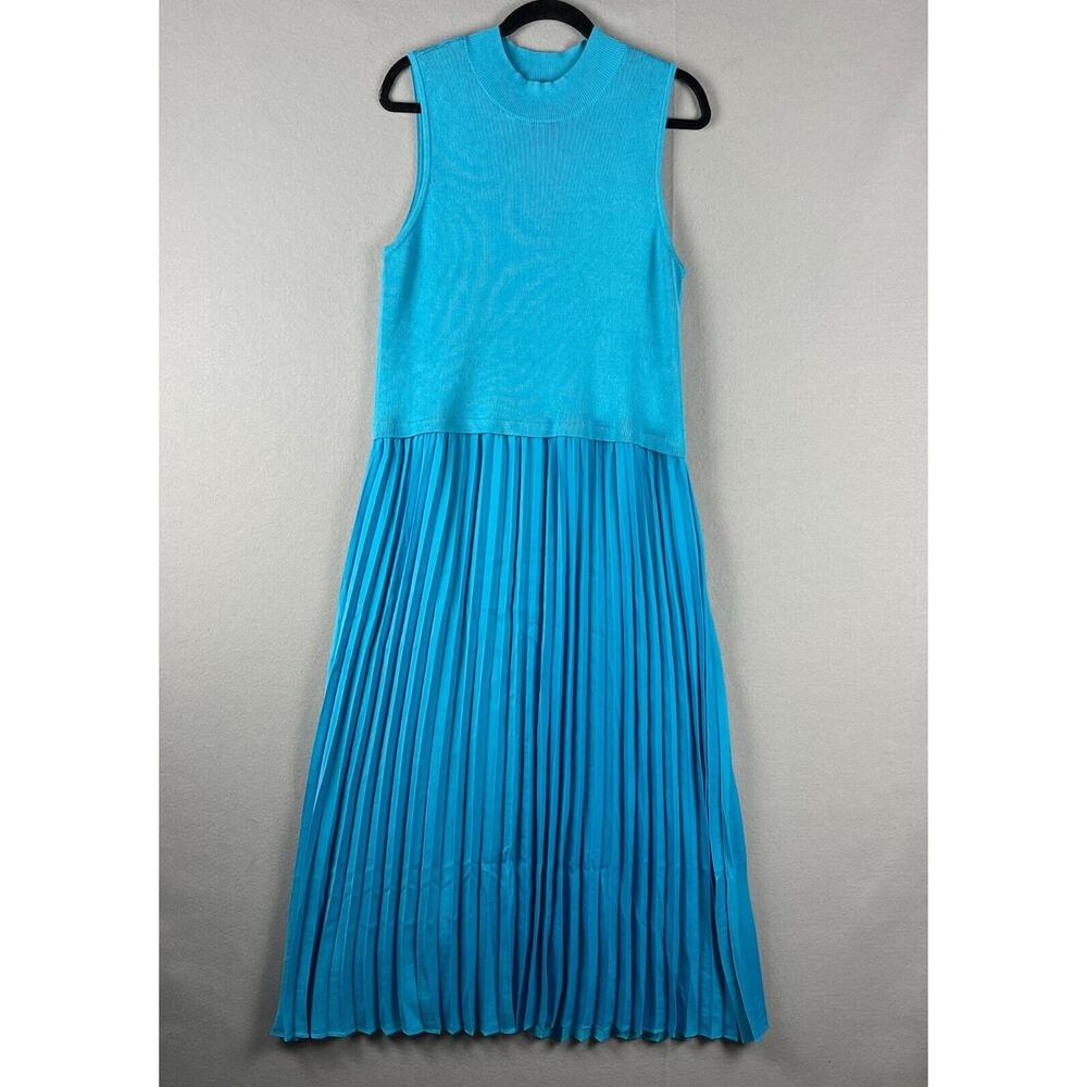 Avara Mixed Media Pleated Midi Dress Womens XL Blue Mock Neck Knit Satin Chic